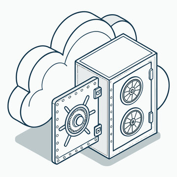 Conceptual illustration of a secure cloud storage solution with an open vault safe connected to a stylized cloud symbol representing digital data protection and cybersecurity