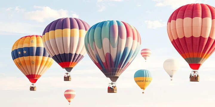 Watercolor-painted hot air balloons float against a soft sky background,  painted,  splash