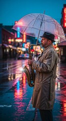 Fototapeta premium Atmospheric shot of a lone saxophonist playing jazz in the rain on a city street at night, with vibrant neon lights reflecting on the wet pavement.