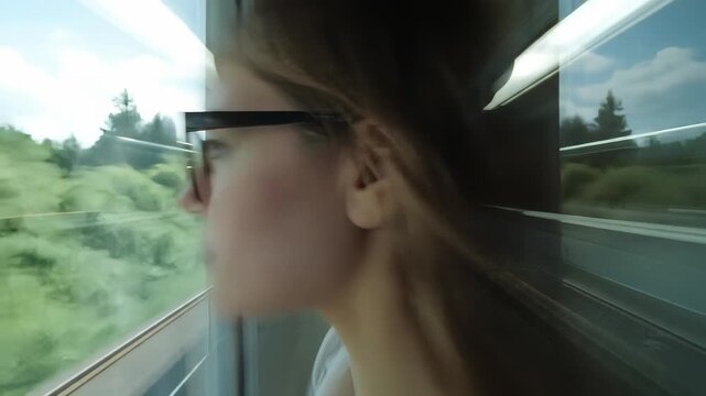 Captivating blurred portrait of a woman on train, showcasing speed and thoughtfull mood