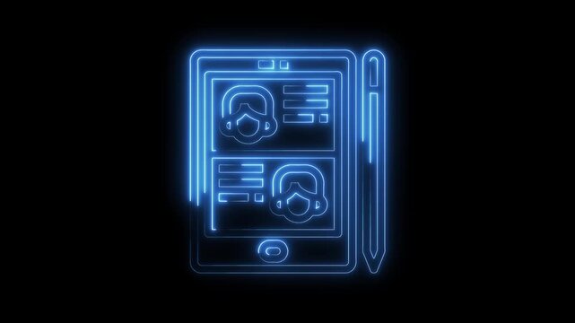 Neon tablet interface with person profile glowing on dark background