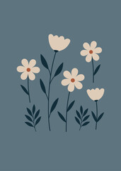 minimalist and modern floral art, organic, scandinavian. neutral colors orange, white, blue background, plants, leaves, garden, decoration