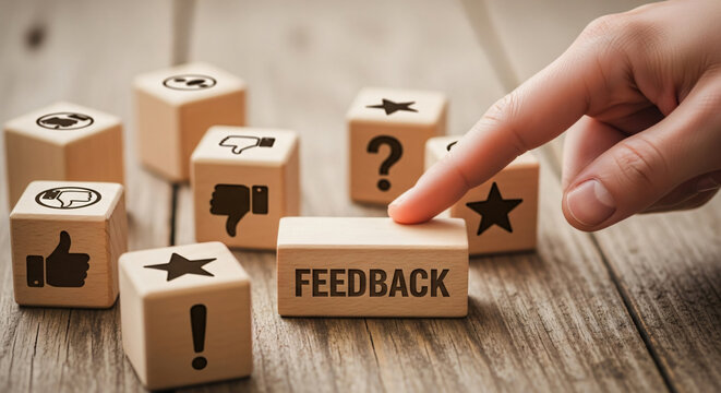 Gather feedback using these wooden blocks with like dislike icons, stars, exclamation, question marks and a finger, perfect for surveys and reports.