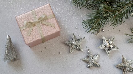 Minimalist Christmas Border: Blush Pink Gift Box (Gold Ribbon), Silver Bells/Tree/Stars, Fresh Pines, Light Gray Matte Background, Elegant Vibe