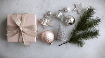 Minimalist Christmas Border: Blush Pink Gift Box (Gold Ribbon), Silver Bells/Tree/Stars, Fresh Pines, Light Gray Matte Background, Elegant Vibe