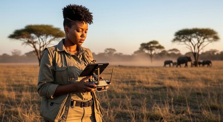 Female ranger using drone for wildlife conservation monitoring elephants in african savanna
