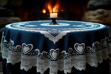 Round table with elegant blue lace tablecloth decorated with white heart patterns and candle creating warm cozy romantic evening atmosphere