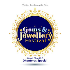 Gold coins with gems and jewellery festival logo and luxury vintage design for karwa chauth and dhanteras.