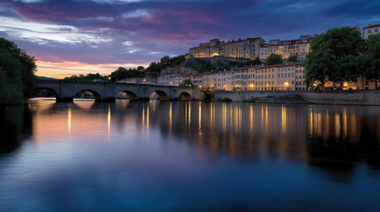 Naklejka premium Scenic view of Lyon under evening sky with reflections in river