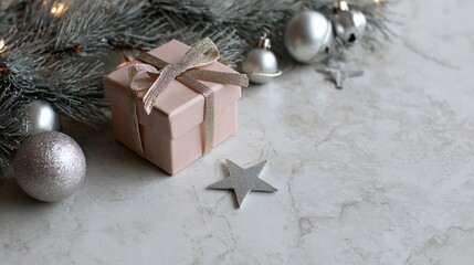 Minimalist Christmas Border: Blush Pink Gift Box (Gold Ribbon), Silver Bells/Tree/Stars, Fresh Pines, Light Gray Matte Background, Elegant Vibe