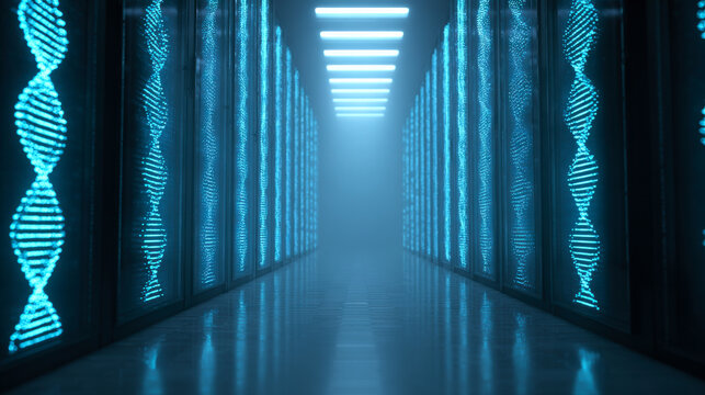 A long hallway with blue lights and DNA patterns on the walls