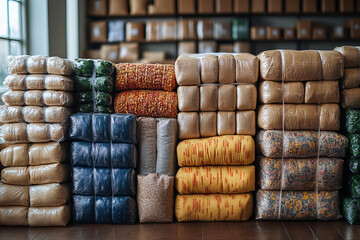 Household goods packages stacked in warehouse storage wrapped in plastic colorful bales supplies industry packaging bulk retail logistics delivery