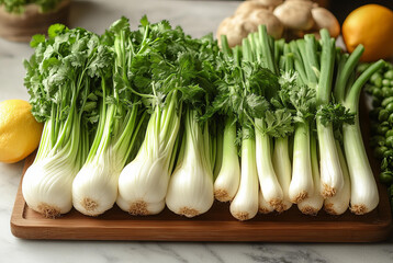Fresh green onions parsley vegetables on wooden board organic ingredients healthy food cooking kitchen table natural background farm harvest