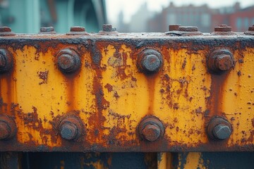 Rusty yellow metal bolts industrial weathered structure detail texture old construction vintage atmosphere corrosion decay urban background
