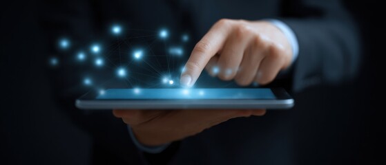 A person is pointing at a tablet with a blue screen