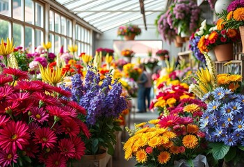 Fototapeta premium Vibrant floral arrangements in a sunlit flower shop, florist, carnations