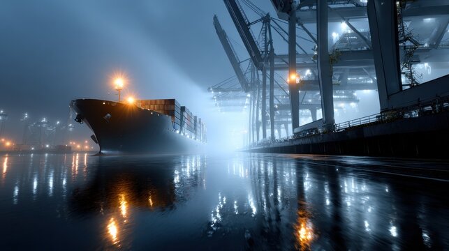 A large ship is docked at a port with a foggy night sky