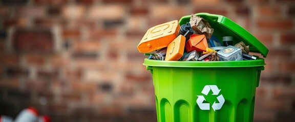 Colorful recycle symbol on a green bin with overflowing garbage, separation, reuse