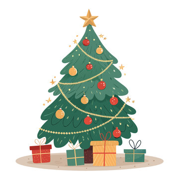 Minimal flat vector of a decorated Christmas tree with gold star, ornaments, garland, and wrapped gifts underneath, isolated on white background.