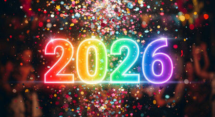 Celebrate 2026 with vibrant rainbow neon numbers and festive bokeh lights