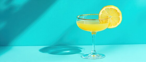The Yellow Lemon Cocktail in a Crystal Coupe Glass on a Turquoise Backdrop
