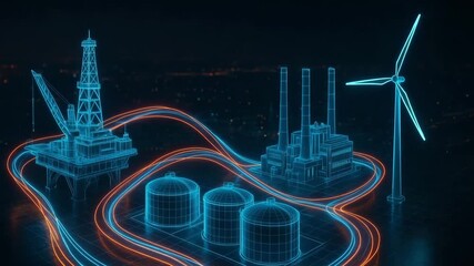 Futuristic digital representation of energy industry, showcasing oil rigs, factories, and wind turbines in neon blue hues. - Powered by Adobe
