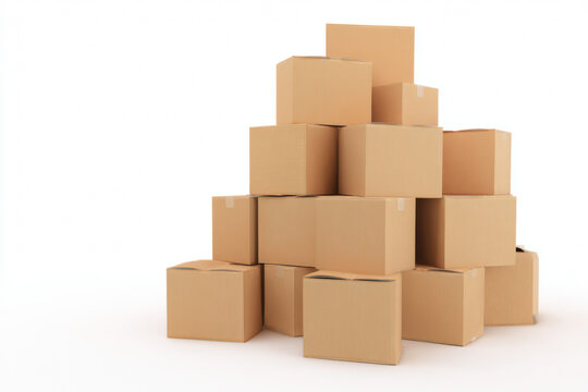 Organized stack of cardboard boxes same size on white background, neat pile of shipping containers in uniform arrangement, clean packaging product photography, logistic supply storage concept