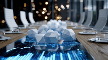 A table with a blue screen and a pile of white cubes on it