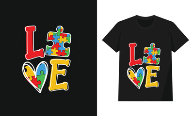 Autism Awareness Love Typography with Colorful Puzzle Heart and Support Symbol