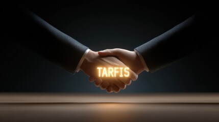 Two hands shaking in front of a table with the word Tarfis written on it