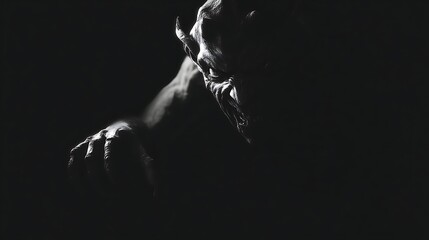 dark fearsome demon in pitch black night casting menacing shadows impossible to approach