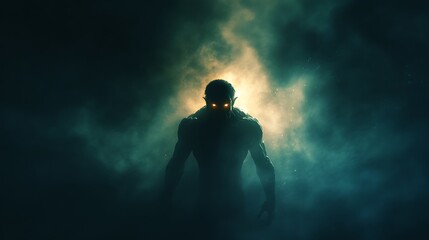a demon standing in deep shadows glowing eyes glowing aura forbidding and scary