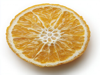 Orange slice with ultra detail on white background, commercial product photography with sharp focus, fresh citrus fruit cross-section showing juicy segments, professional food styling