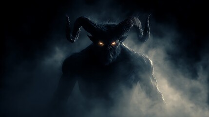 a demon standing in deep shadows glowing eyes glowing aura forbidding and scary