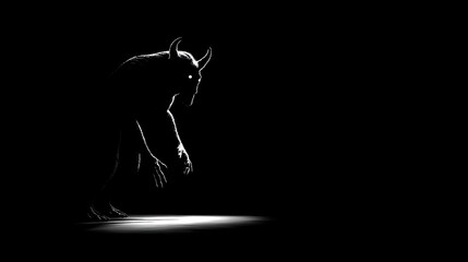 ominous terrifying demon silhouette in blackness surrounded by fearful stillness