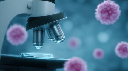 A microscope is focused on a pink cell