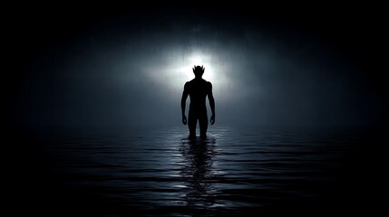 ominous terrifying demon silhouette in blackness surrounded by fearful stillness