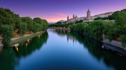 Fototapeta premium City skyline with historical buildings by the river at dusk