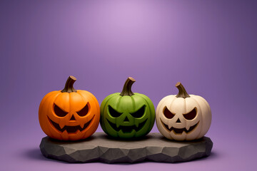 Colorful Jack-O’-Lantern Trio on Geometric Pedestal — Orange, Green and White Pumpkins on Purple Background