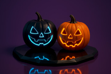 Neon Jack-O’-Lantern Pair on Geometric Pedestal — Black and Orange Pumpkins on Purple Background