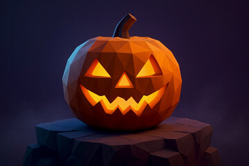 Low-poly jack-o’-lantern glowing on rocky pedestal — Halloween 3D render