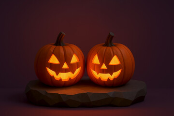 Glowing Jack-O’-Lantern Pair on Stone Pedestal — 3D Halloween Background