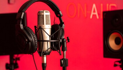Studio microphone and headphones against a vibrant red backdrop