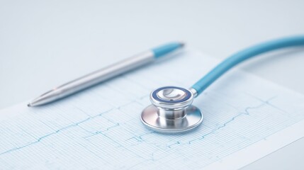 A blue stethoscope is on top of a piece of paper with a heart rate chart