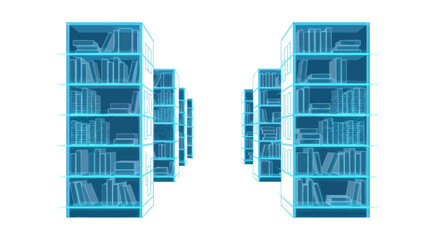 Rows of glowing blue digital bookshelves filled with virtual books. © Rizal