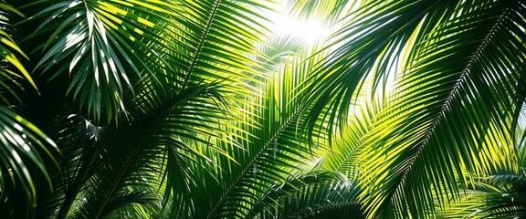 Lush green tropical palm leaves, sunlight dappled shadows, jungle, pattern