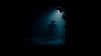 a terrifying demon standing in darkness casting eerie shadows ominous atmosphere