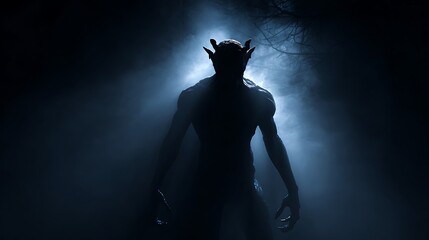 a terrifying demon standing in darkness casting eerie shadows ominous atmosphere