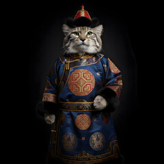 Pallas's cat in traditional Mongolian costume. Portrait against a dark background. Hyperrealistic illustration.