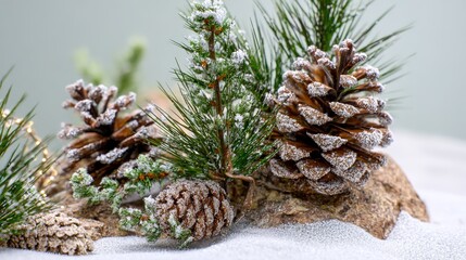 Christmas Corner with Fresh Pine Branches: Detailed Needles, Frosted/Natural Pine Cones, Warm Fairy Lights, Soft Mint Green Matte Background